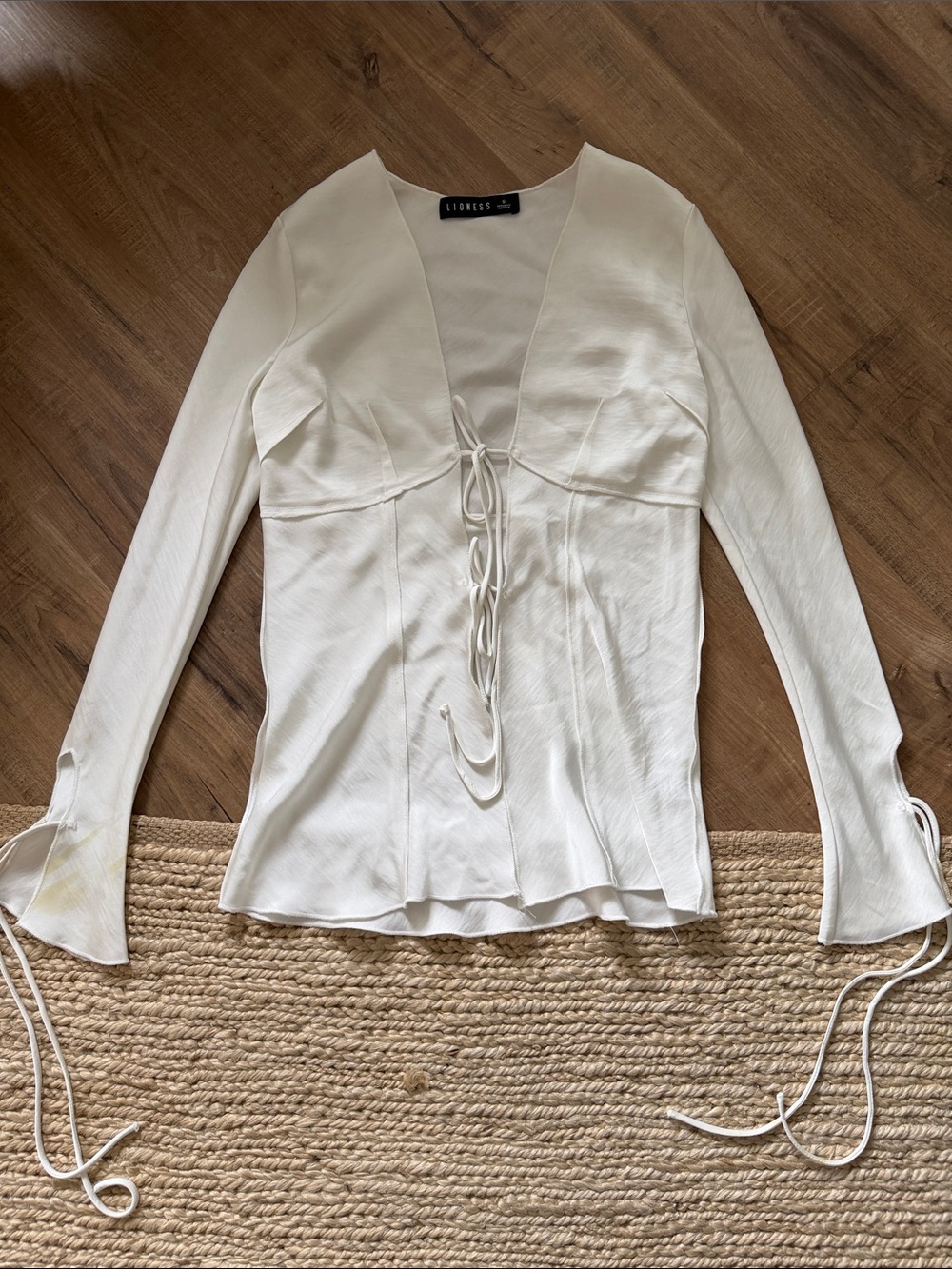 Lioness Cream Tie-Front Long Sleeve Front Tie Dress